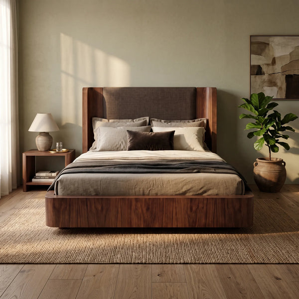 Cama de Plataforma Oasis en Nogal Sólido y Cabecera Tapizada - vista alternativa