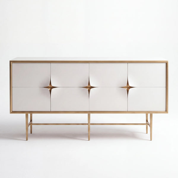 Credenza Escultórica en Laca Blanca y Marco de Latón Cepillado - Detalle de Ensamble | LEMICH Alta Ebanistería Residencial