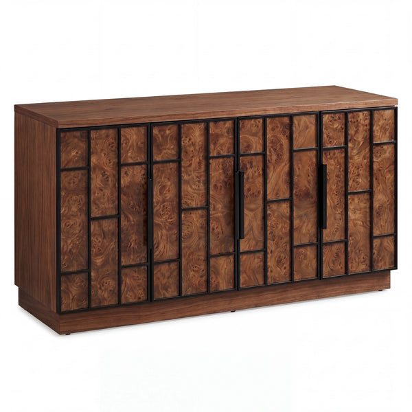 Credenza Buffet en Raíz de Nogal con Relieve Geométrico y Marco Metálico - Ambientada | LEMICH Alta Ebanistería Residencial