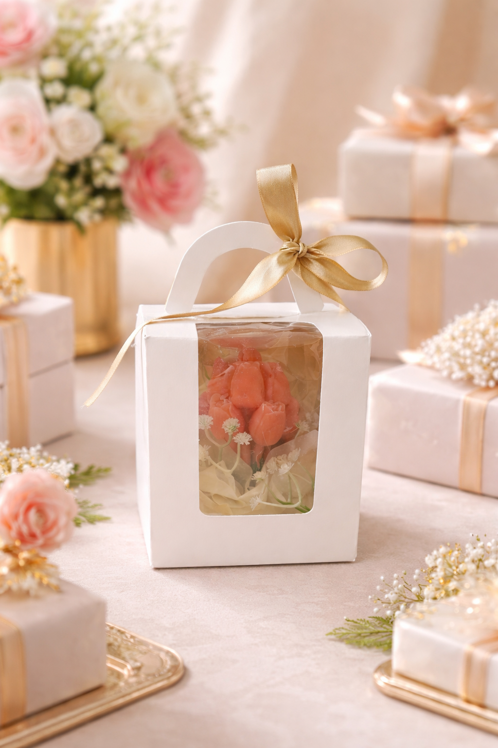 Souvenir 12 pzas velas en ramo de tulipán rosa