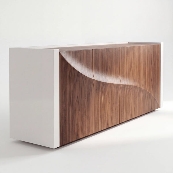 Credenza Escultural Duna en Nogal Tridimensional y Marco Blanco - Hero Portada | LEMICH Alta Ebanistería Residencial