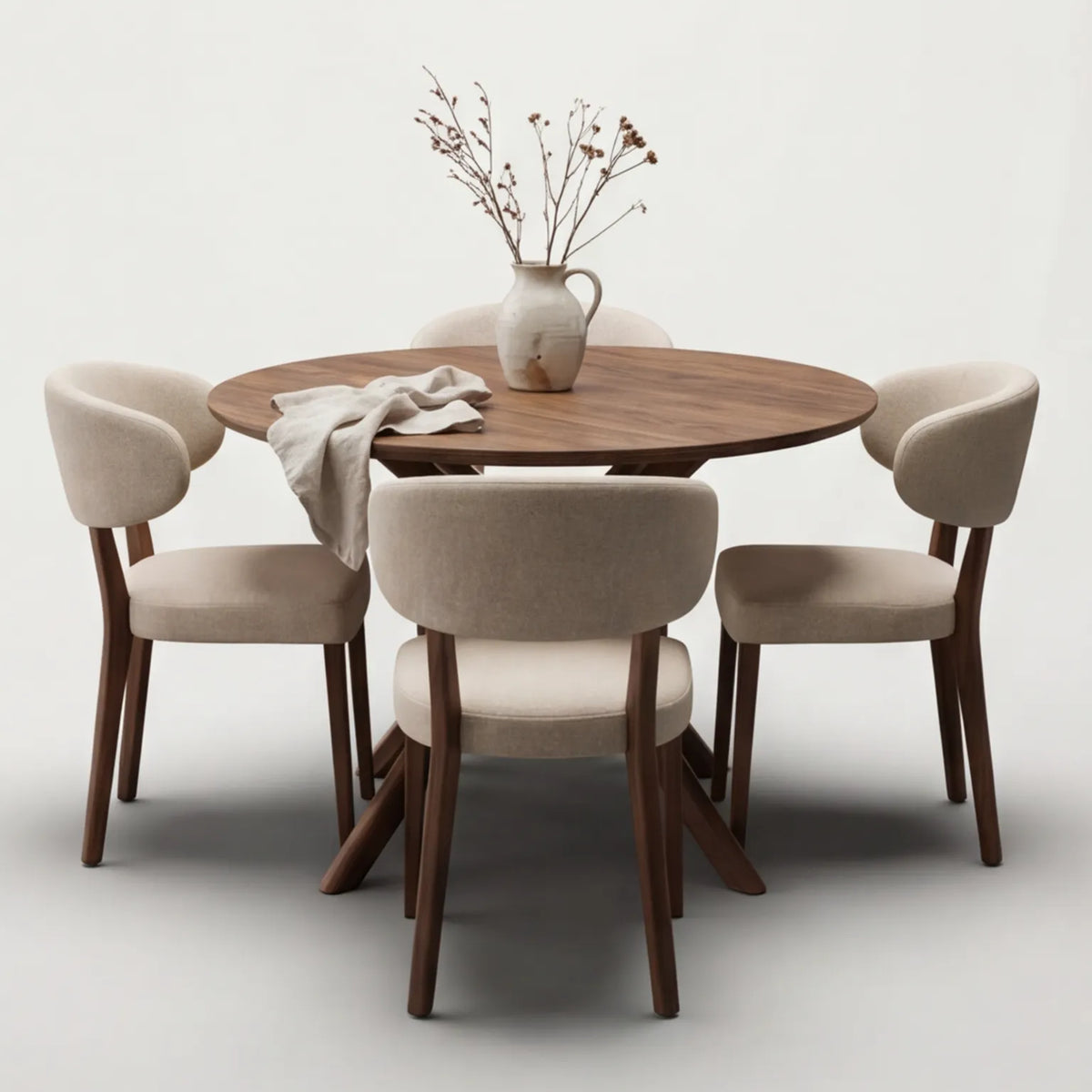 Comedor Brera en Nogal Natural y Rosa Morada Sólida · Escultural