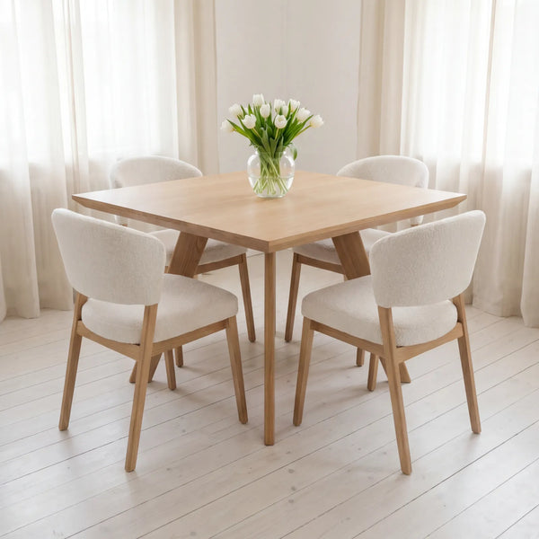 Mesa de Comedor Elara para 4 sillas en Encino y Rosa Morada Sólida · Silueta Escultural