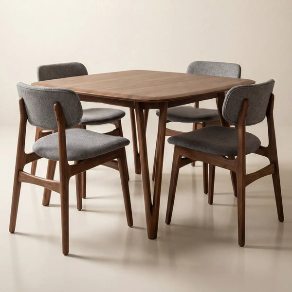 Comedor Fio en Nogal con detalles en madera sólida fabricado a mano en el taller Lemich de Ocotlán, Jalisco