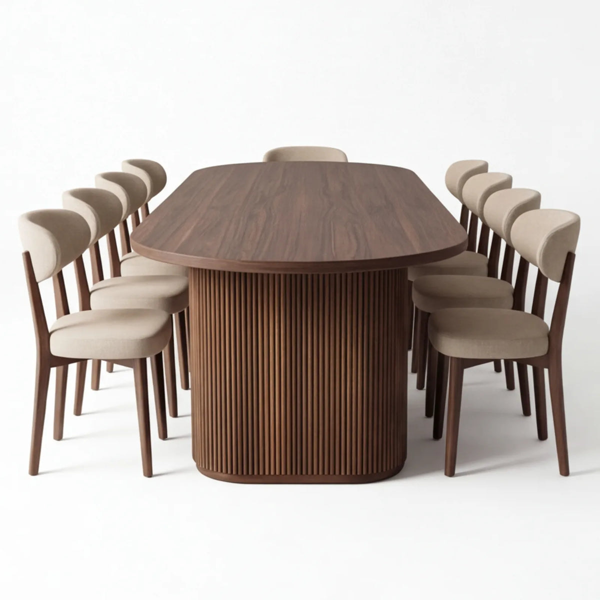 Comedor Othel en Nogal con Sillas en Rosa Morada Sólida · Escultural