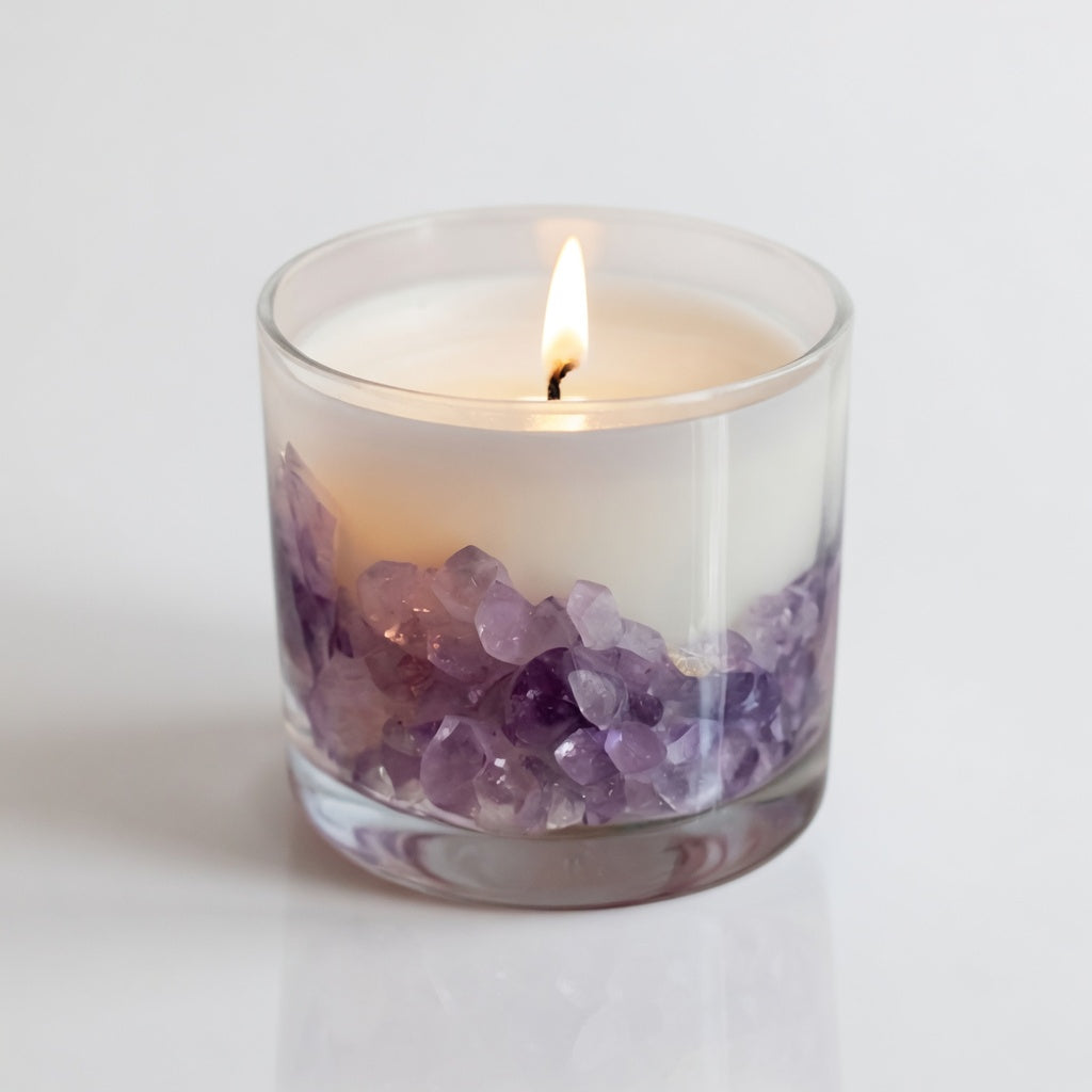 Colección Amatista: Vela Trasmutadora de Claridad en ambiente de interiorismo contemporáneo