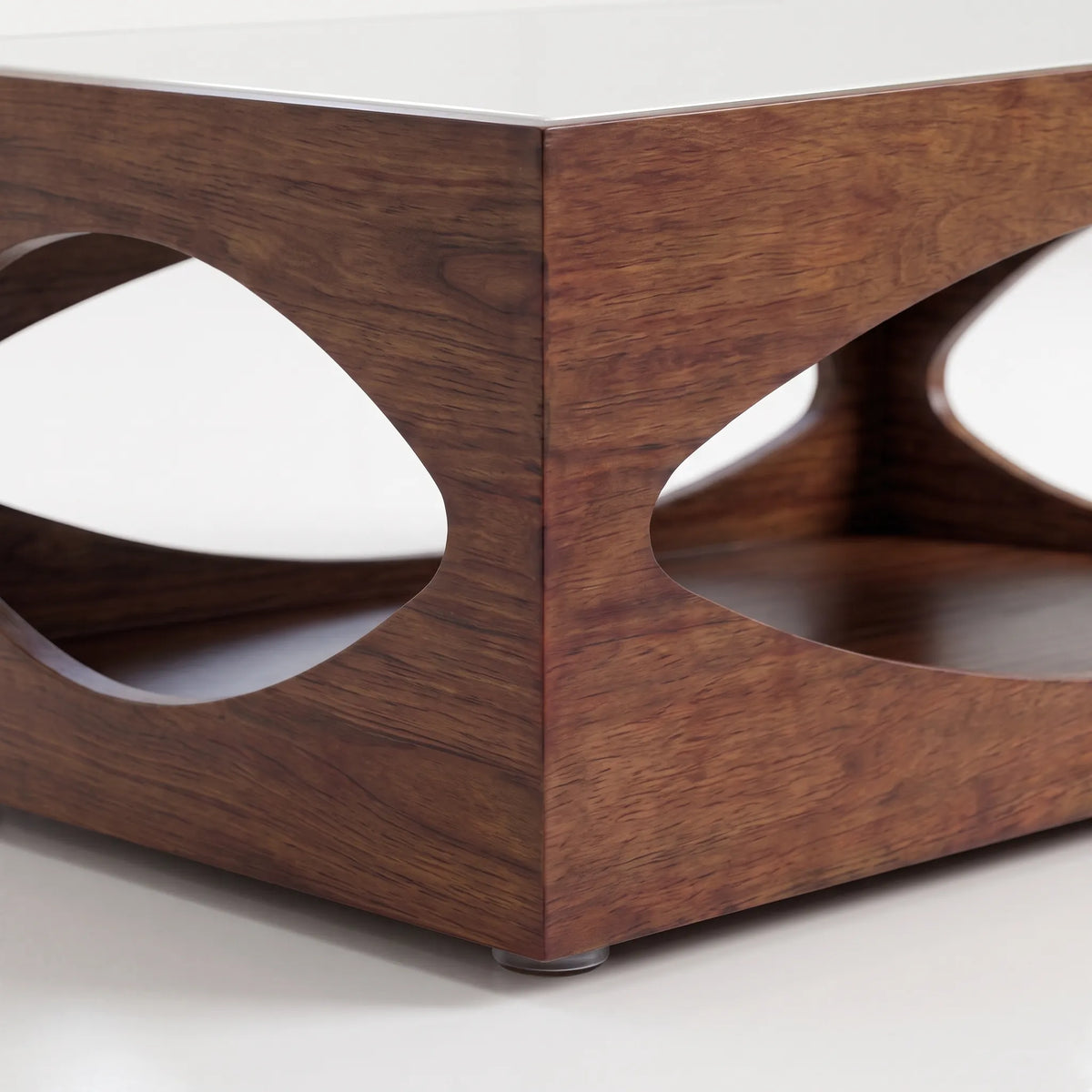 Mesa de Centro Escultural Eclipse en Nogal con Vano Orgánico y Tapa Blanca - Detalle de Ensamble | LEMICH Alta Ebanistería Residencial