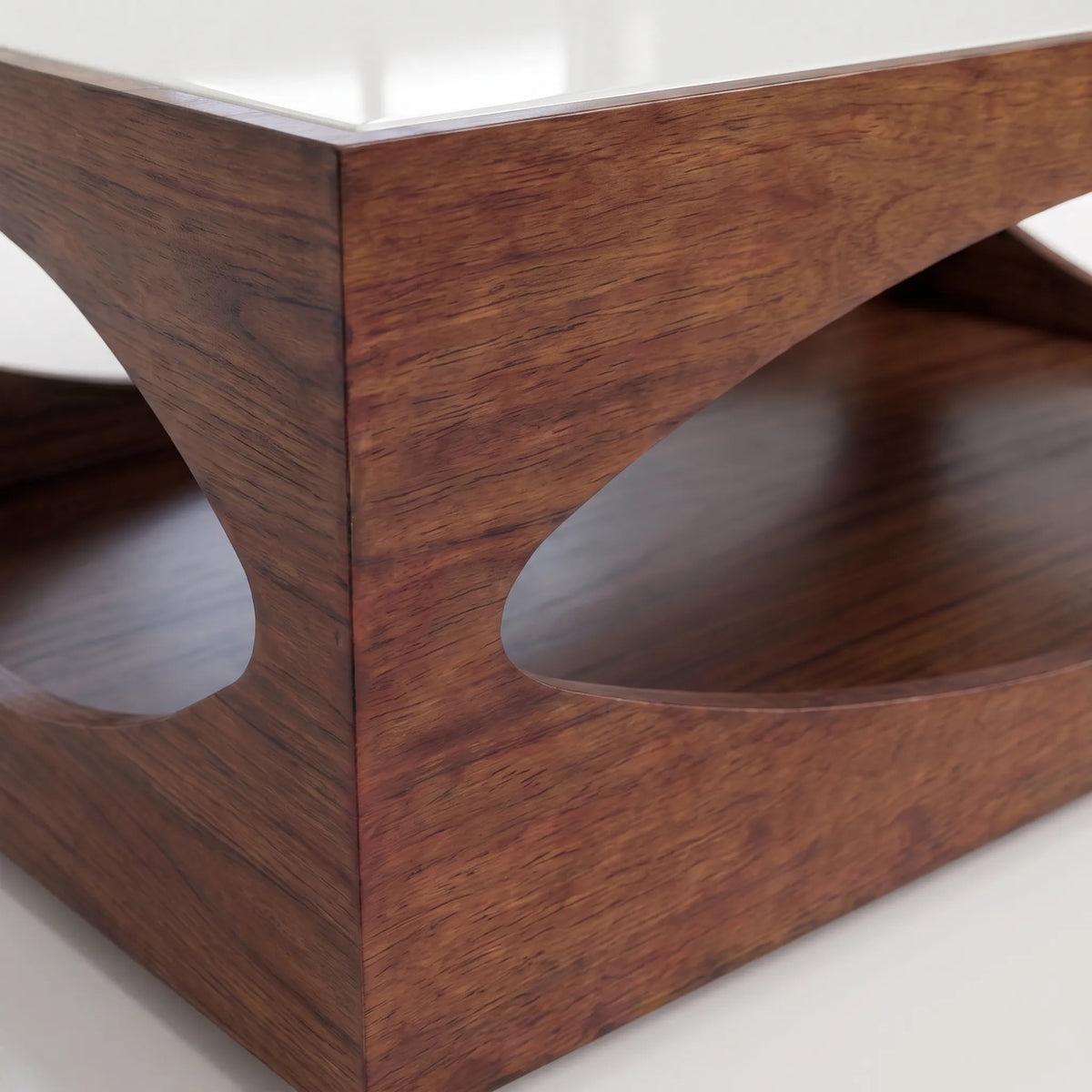 Mesa de Centro Escultural Eclipse en Nogal con Vano Orgánico y Tapa Blanca - Detalle de Ensamble | LEMICH Alta Ebanistería Residencial