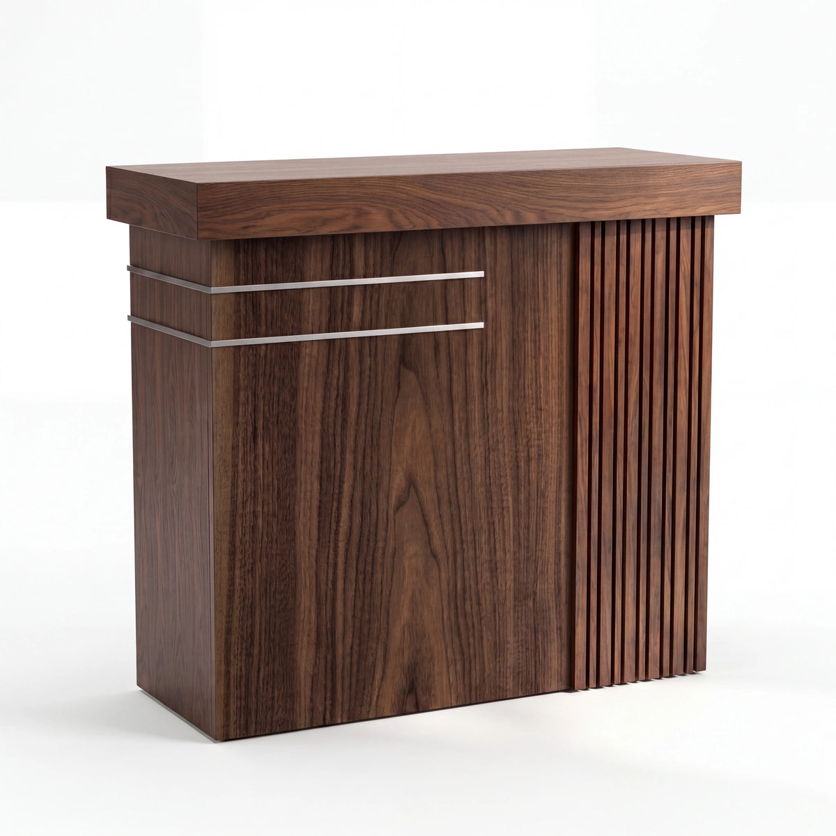 Mueble Barra de Bar Slat en Nogal Alistonado y Acero Cepillado - Ambientada | LEMICH Alta Ebanistería Residencial