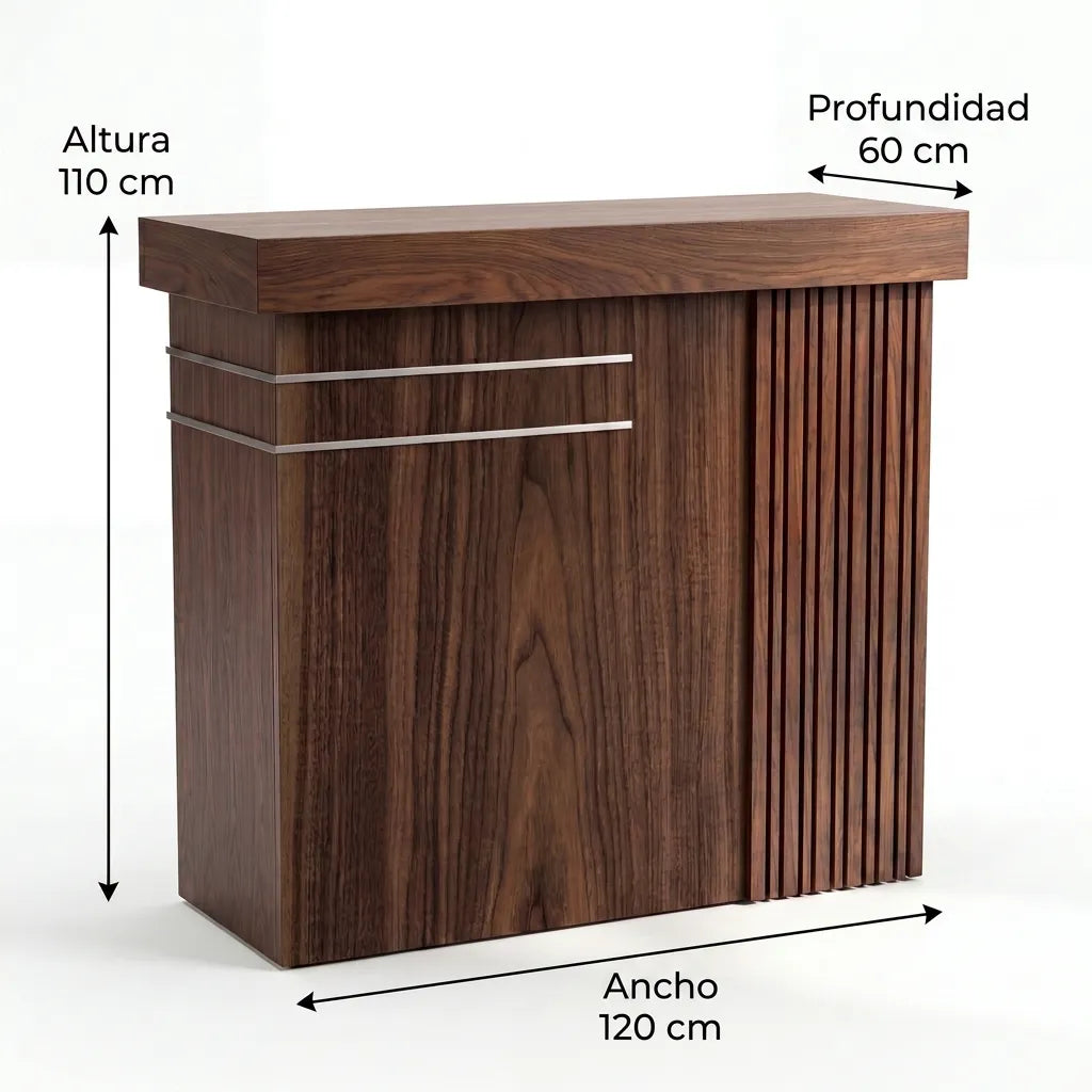 Mueble Barra de Bar Slat en Nogal Alistonado y Acero Cepillado - Detalle de Ensamble | LEMICH Alta Ebanistería Residencial