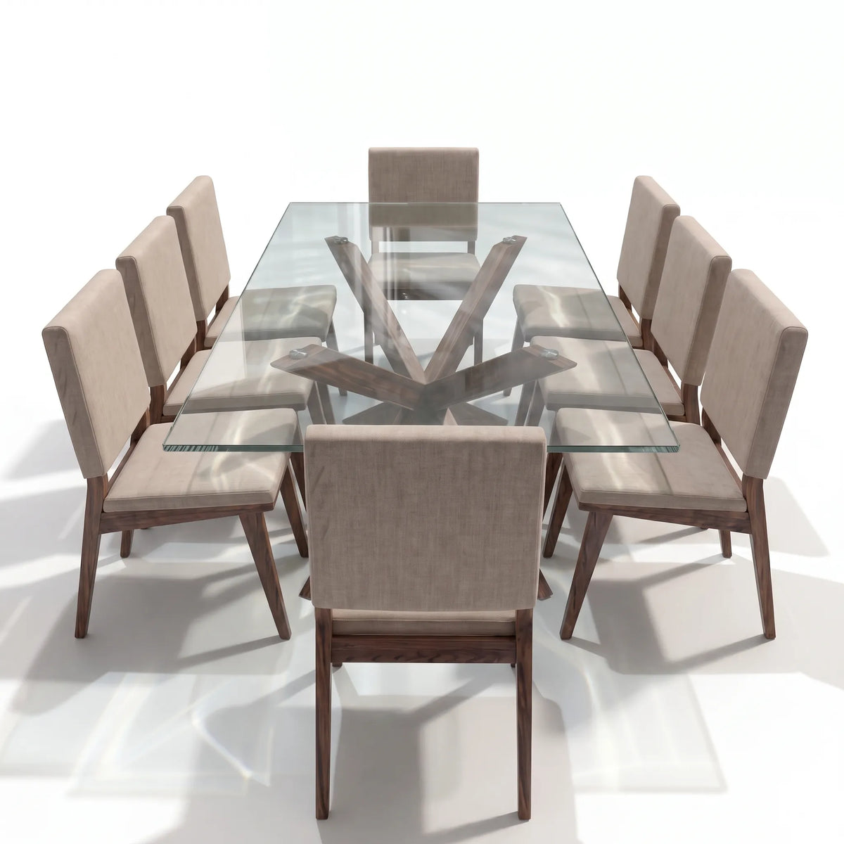 Comedor Rectangular de 8 Sillas con Cubierta de Cristal y Base Estrella en Nogal - Detalle de Ensamble | LEMICH Alta Ebanistería Residencial