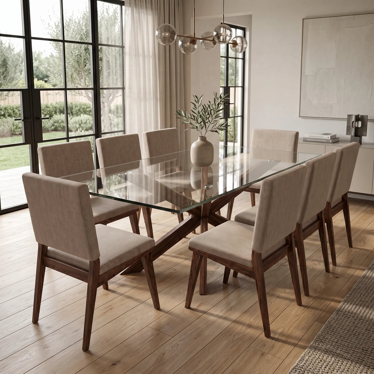 Comedor Rectangular de 8 Sillas con Cubierta de Cristal y Base Estrella en Nogal - Ambientada | LEMICH Alta Ebanistería Residencial