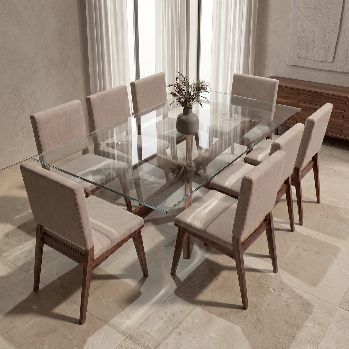 Comedor Rectangular de 8 Sillas con Cubierta de Cristal y Base Estrella en Nogal - Ambientada | LEMICH Alta Ebanistería Residencial