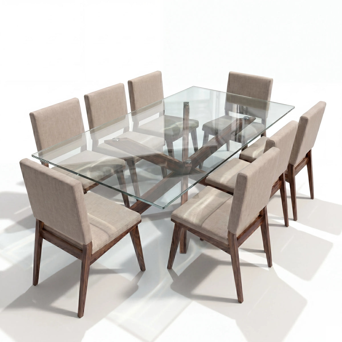 Comedor Rectangular de 8 Sillas con Cubierta de Cristal y Base Estrella en Nogal - Hero Portada | LEMICH Alta Ebanistería Residencial