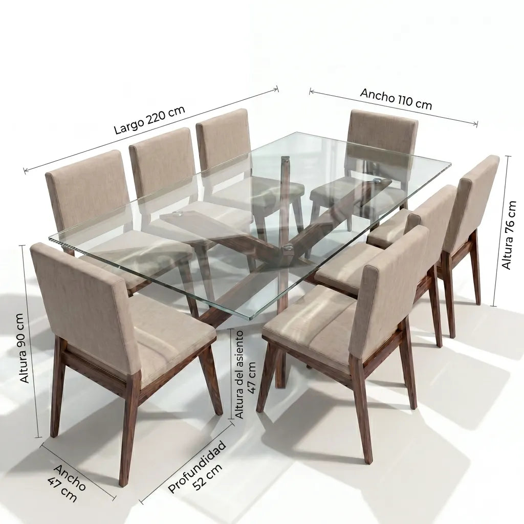 Comedor Rectangular de 8 Sillas con Cubierta de Cristal y Base Estrella en Nogal - Detalle de Ensamble | LEMICH Alta Ebanistería Residencial