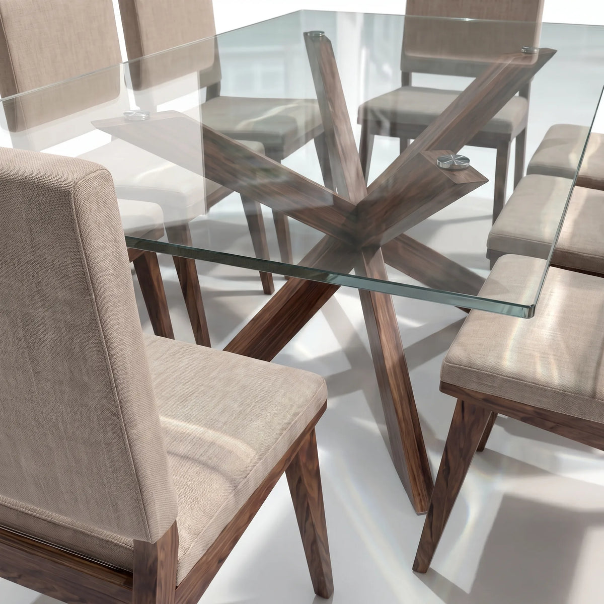 Comedor Rectangular de 8 Sillas con Cubierta de Cristal y Base Estrella en Nogal - Detalle de Ensamble | LEMICH Alta Ebanistería Residencial