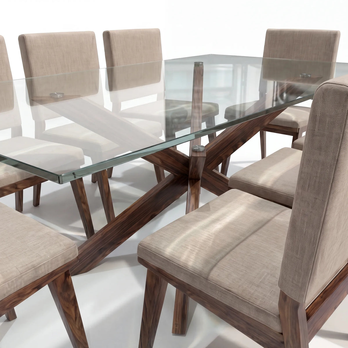 Comedor Rectangular de 8 Sillas con Cubierta de Cristal y Base Estrella en Nogal - Detalle de Ensamble | LEMICH Alta Ebanistería Residencial