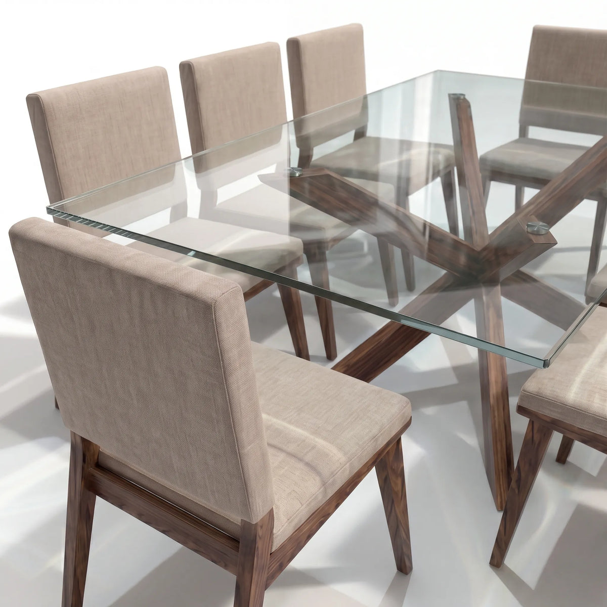 Comedor Rectangular de 8 Sillas con Cubierta de Cristal y Base Estrella en Nogal - Detalle de Ensamble | LEMICH Alta Ebanistería Residencial