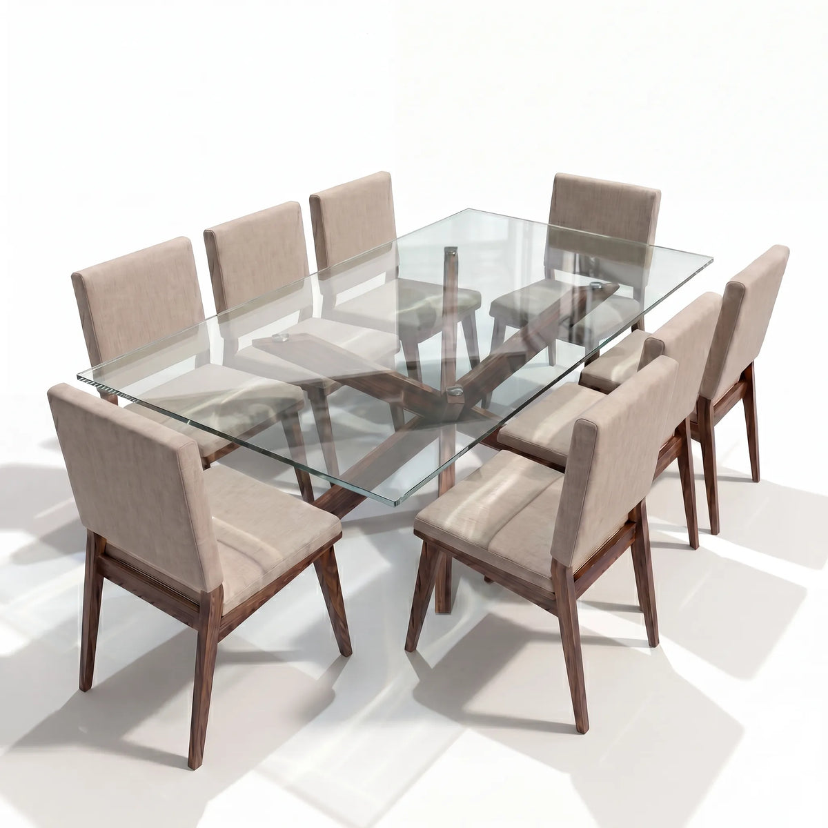 Comedor Rectangular de 8 Sillas con Cubierta de Cristal y Base Estrella en Nogal - Detalle de Ensamble | LEMICH Alta Ebanistería Residencial