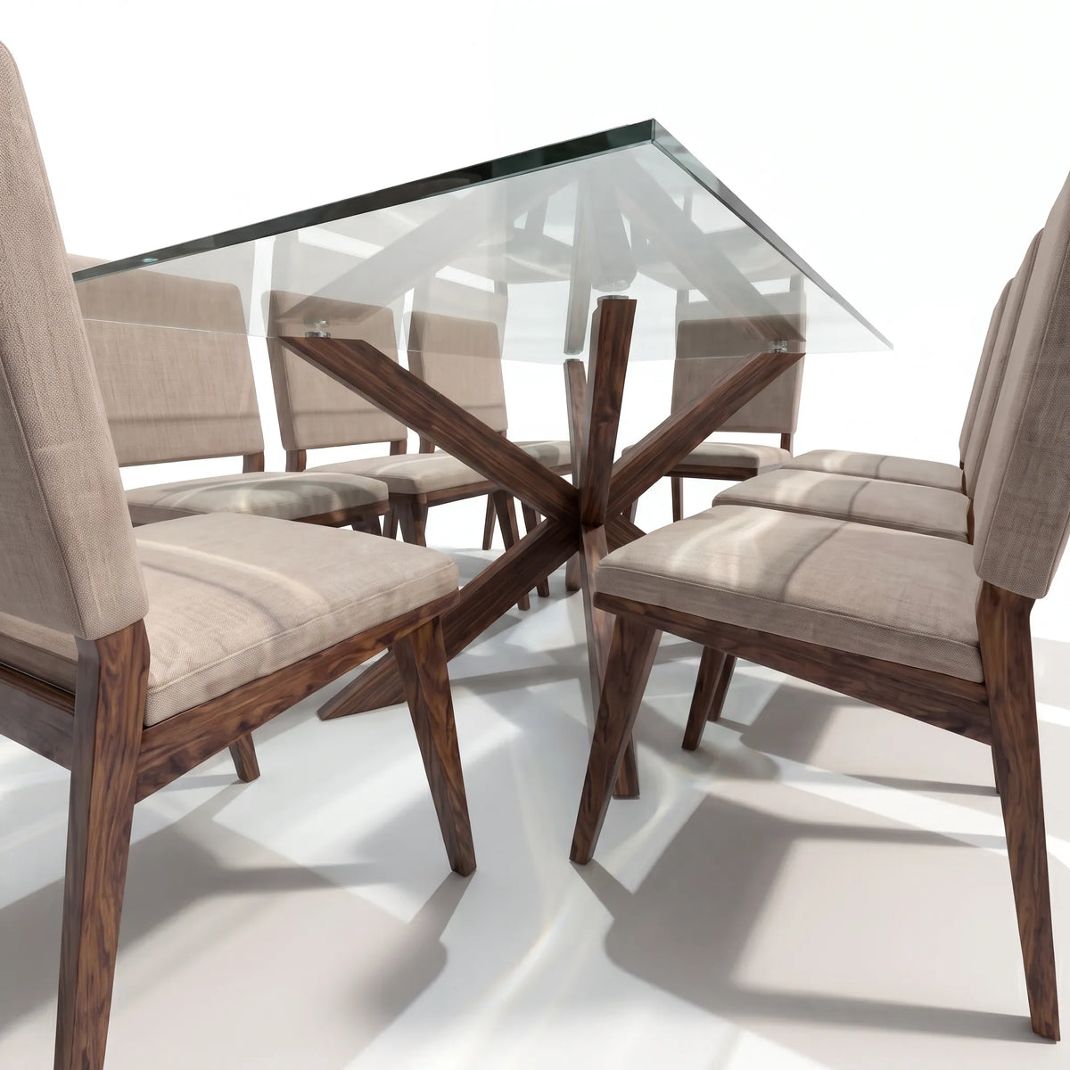 Comedor Rectangular de 8 Sillas con Cubierta de Cristal y Base Estrella en Nogal - Detalle de Ensamble | LEMICH Alta Ebanistería Residencial