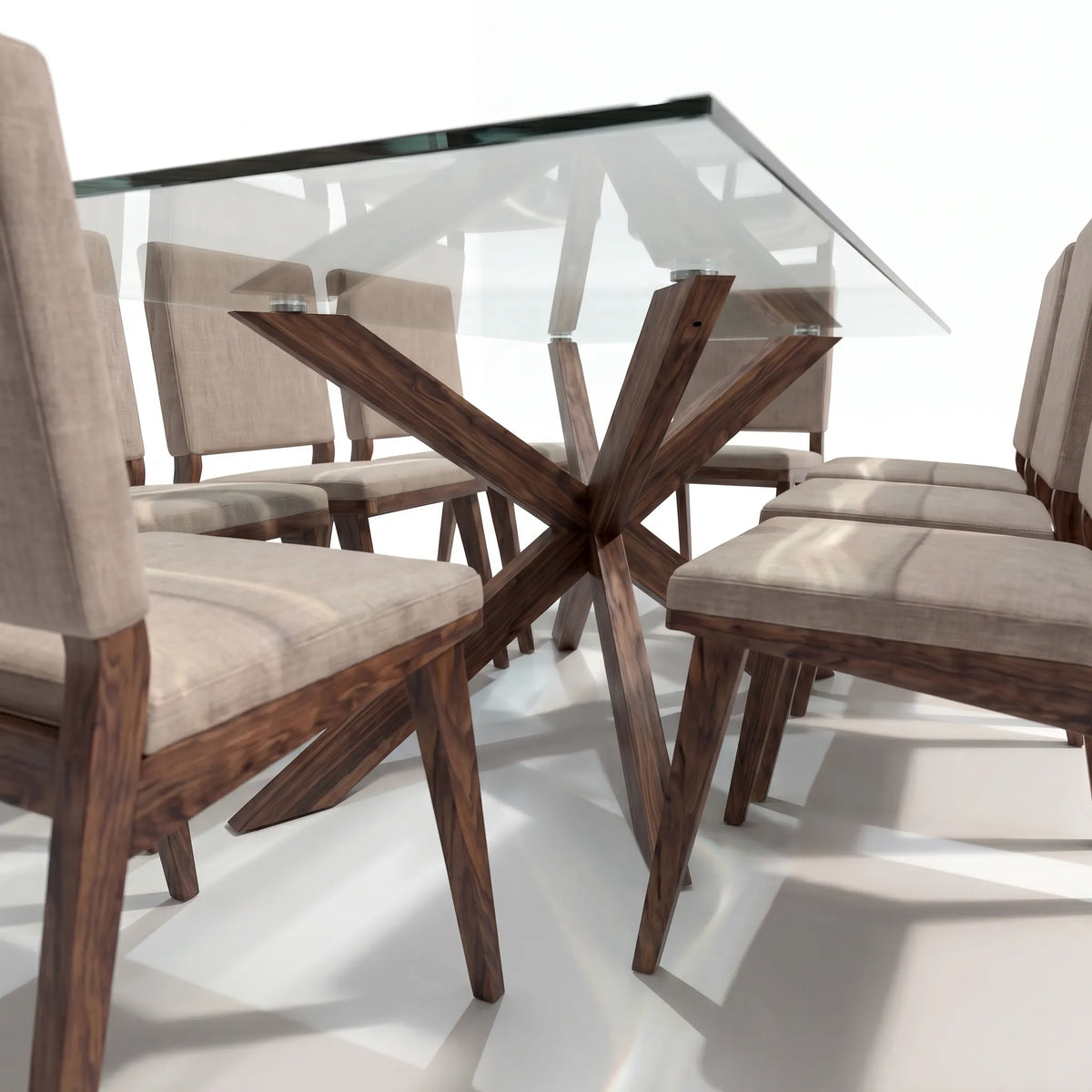 Comedor Rectangular de 8 Sillas con Cubierta de Cristal y Base Estrella en Nogal - Detalle de Ensamble | LEMICH Alta Ebanistería Residencial