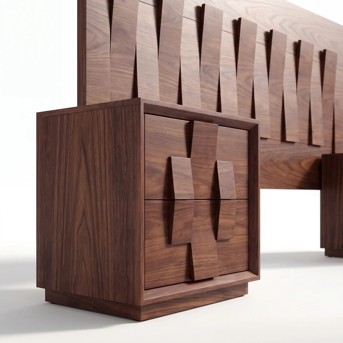 Recámara de Autor con Cabecera y Burós en Relieve Tridimensional de Nogal - Detalle de Ensamble | LEMICH Alta Ebanistería Residencial