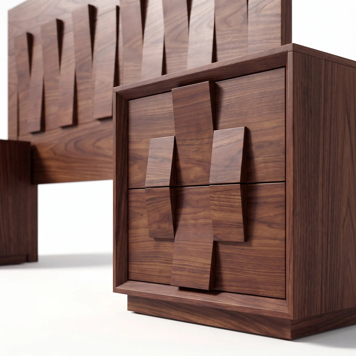 Recámara de Autor con Cabecera y Burós en Relieve Tridimensional de Nogal - Detalle de Ensamble | LEMICH Alta Ebanistería Residencial