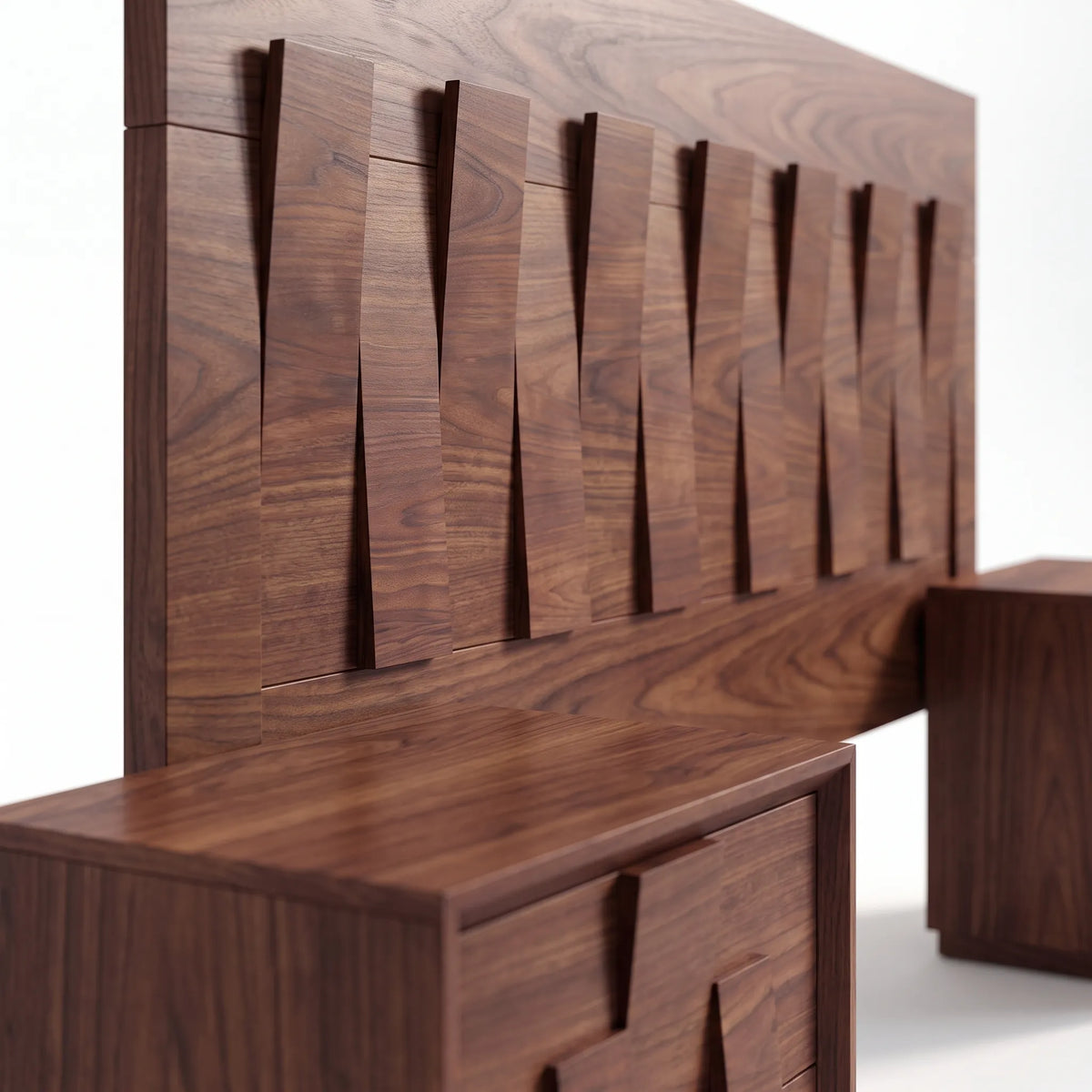 Recámara de Autor con Cabecera y Burós en Relieve Tridimensional de Nogal - Detalle de Ensamble | LEMICH Alta Ebanistería Residencial