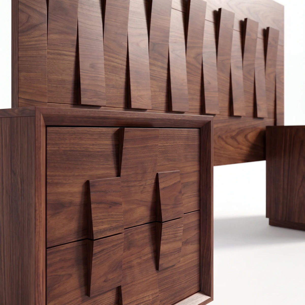 Recámara de Autor con Cabecera y Burós en Relieve Tridimensional de Nogal - Detalle de Ensamble | LEMICH Alta Ebanistería Residencial