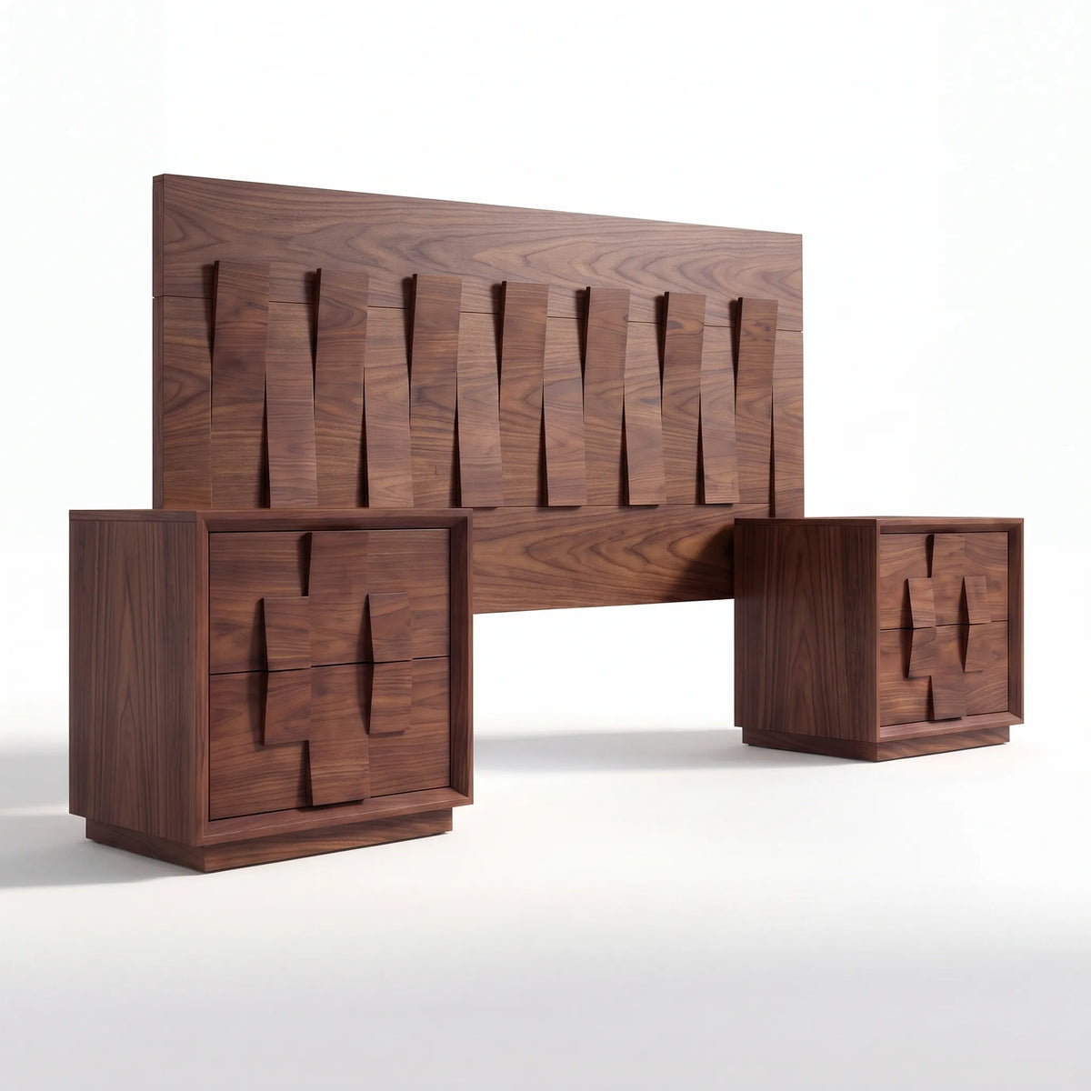 Recámara de Autor con Cabecera y Burós en Relieve Tridimensional de Nogal - Ambientada | LEMICH Alta Ebanistería Residencial