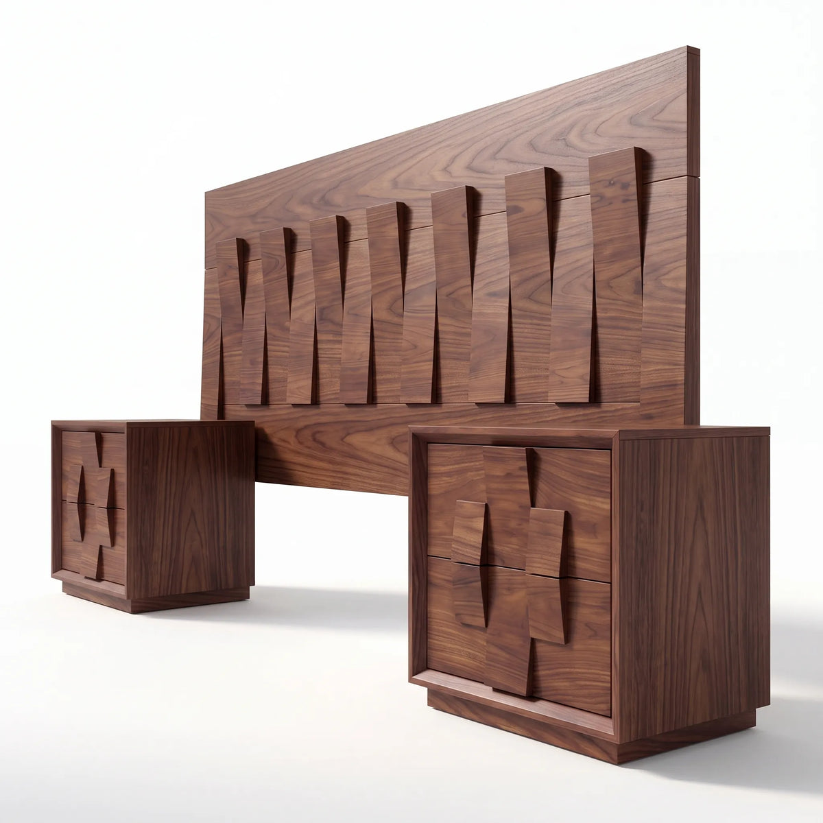 Recámara de Autor con Cabecera y Burós en Relieve Tridimensional de Nogal - Detalle de Ensamble | LEMICH Alta Ebanistería Residencial