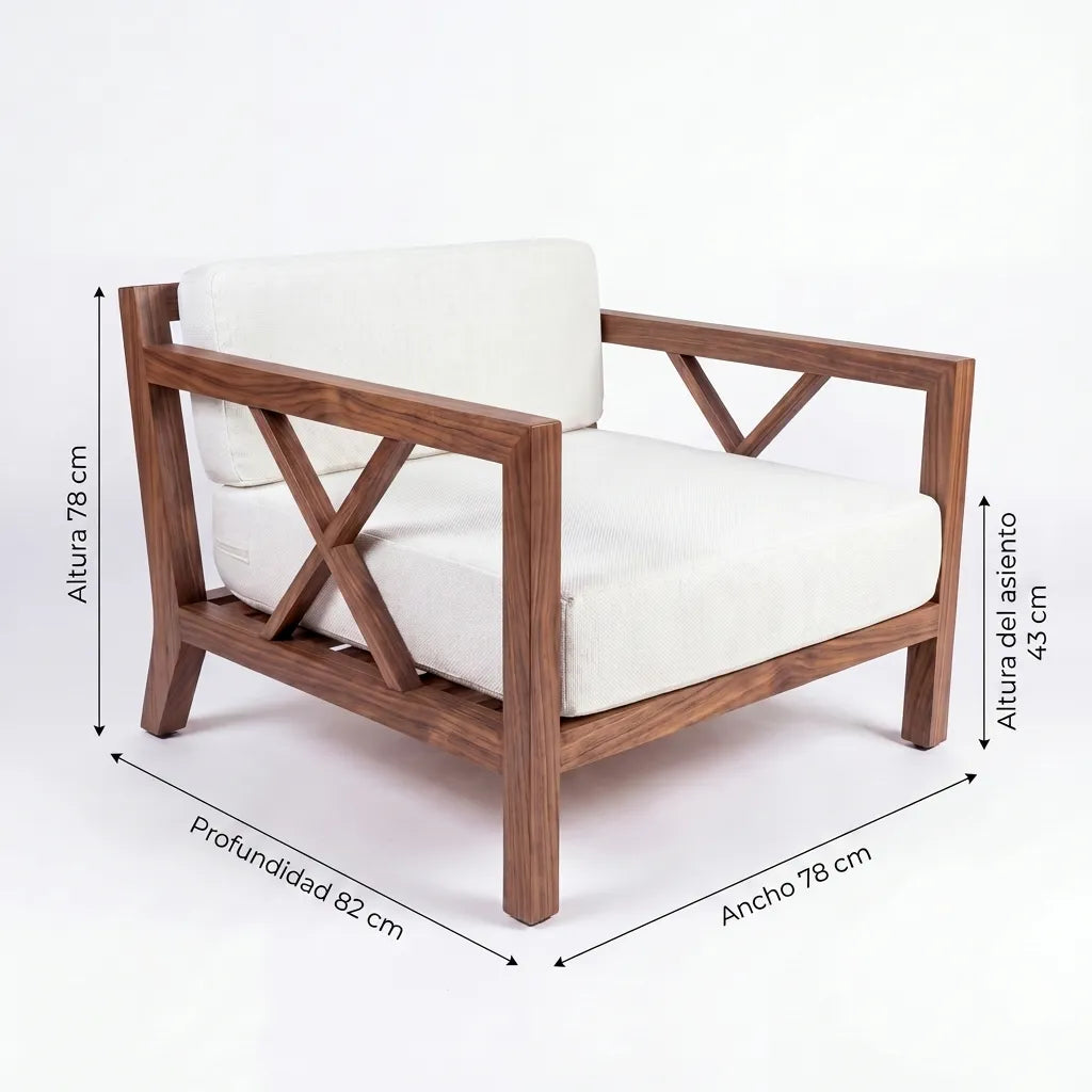Sillón Lounge Escultural en Nogal Macizo con Detalles en X y Cojines Marfil - Detalle de Ensamble | LEMICH Alta Ebanistería Residencial