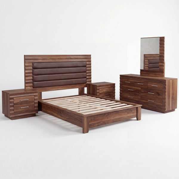 Recámara Completa en Nogal con Cabecera Tapizada en Piel Moka y Relieve Ondulado - Hero Portada | LEMICH Alta Ebanistería Residencial