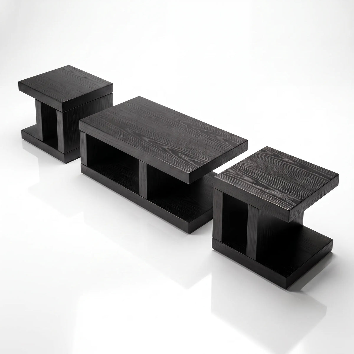 Set de Mesa de Centro y Mesas Laterales en Voladizo en Roble Negro Ébano - Ambientada | LEMICH Alta Ebanistería Residencial
