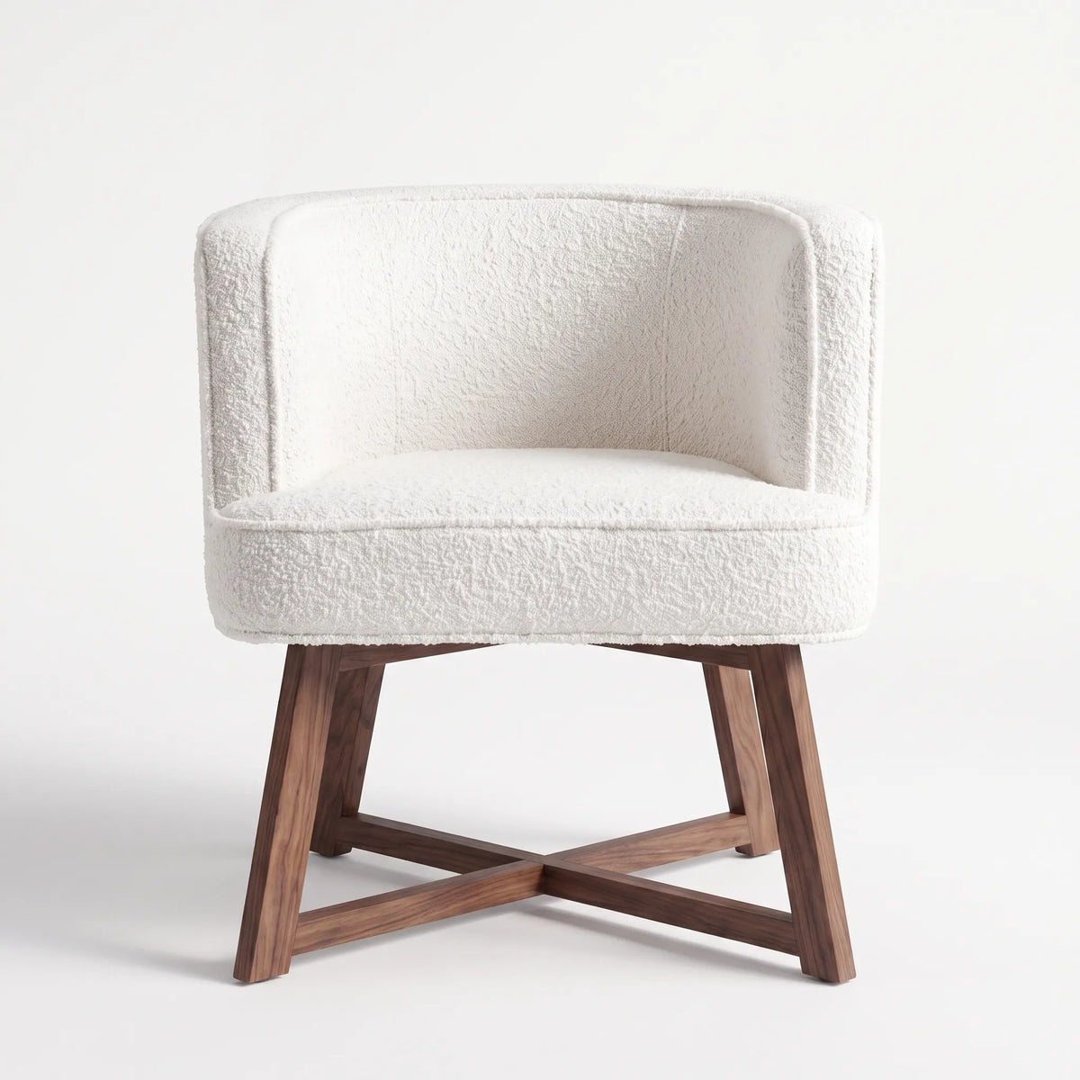 Sillón Ocasional Curvo en Bouclé Marfil con Base en X de Nogal - Ambientada | LEMICH Alta Ebanistería Residencial