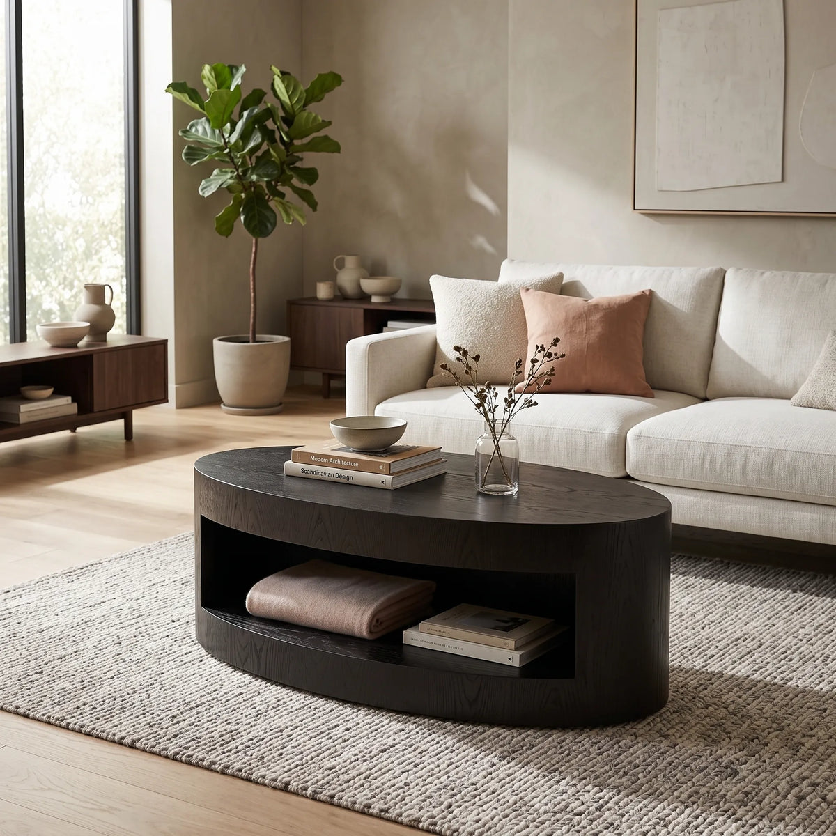 Mesa de Centro Ovalada Minimalista en Roble Negro Ébano con Nicho Abierto - Ambientada | LEMICH Alta Ebanistería Residencial