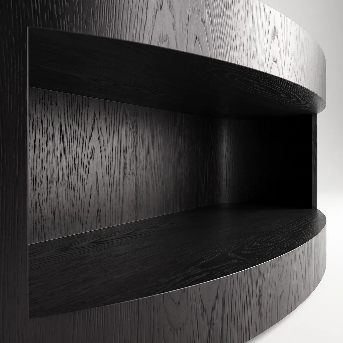 Mesa de Centro Ovalada Minimalista en Roble Negro Ébano con Nicho Abierto - Detalle de Ensamble | LEMICH Alta Ebanistería Residencial