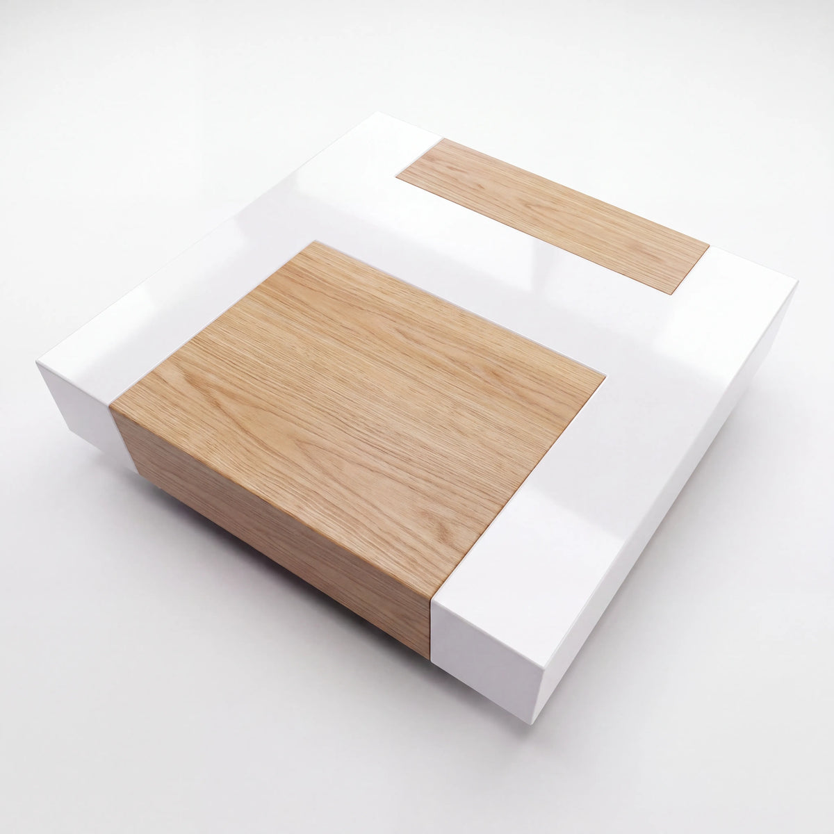 Mesa de Centro Cuadrada Bicolor en Laca Blanca Alto Brillo y Roble Natural - Detalle de Ensamble | LEMICH Alta Ebanistería Residencial
