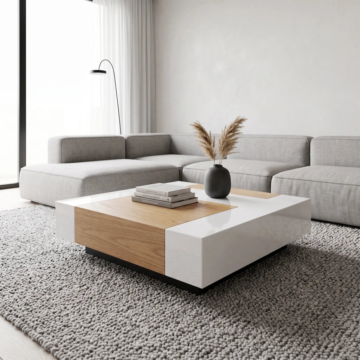 Mesa de Centro Cuadrada Bicolor en Laca Blanca Alto Brillo y Roble Natural - Ambientada | LEMICH Alta Ebanistería Residencial