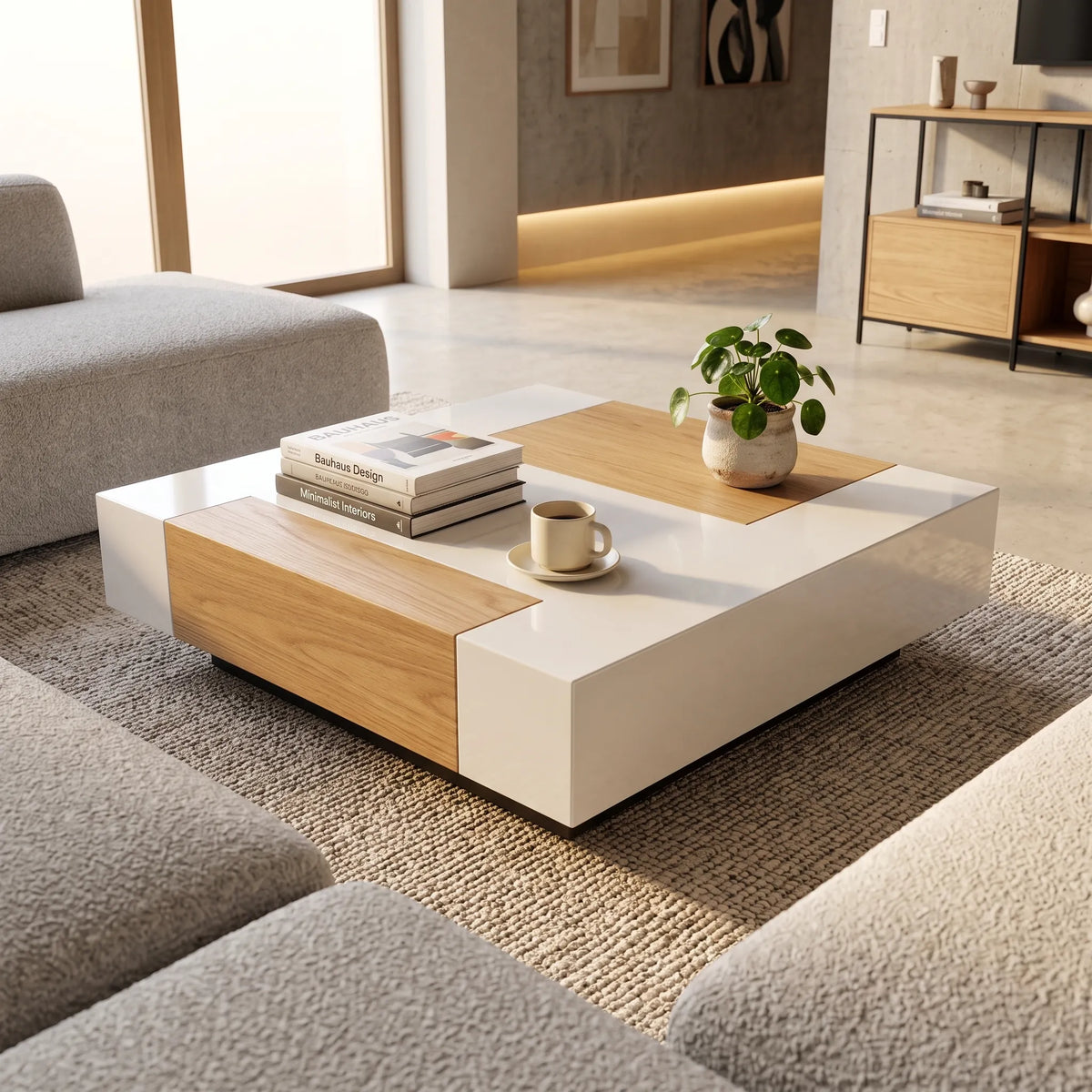 Mesa de Centro Cuadrada Bicolor en Laca Blanca Alto Brillo y Roble Natural - Detalle de Ensamble | LEMICH Alta Ebanistería Residencial