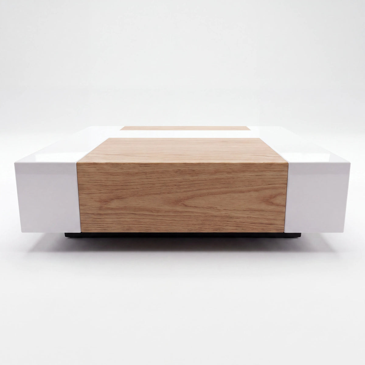 Mesa de Centro Cuadrada Bicolor en Laca Blanca Alto Brillo y Roble Natural - Detalle de Ensamble | LEMICH Alta Ebanistería Residencial