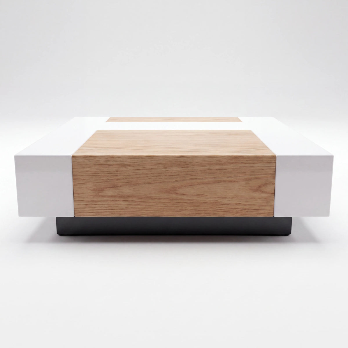 Mesa de Centro Cuadrada Bicolor en Laca Blanca Alto Brillo y Roble Natural - Detalle de Ensamble | LEMICH Alta Ebanistería Residencial