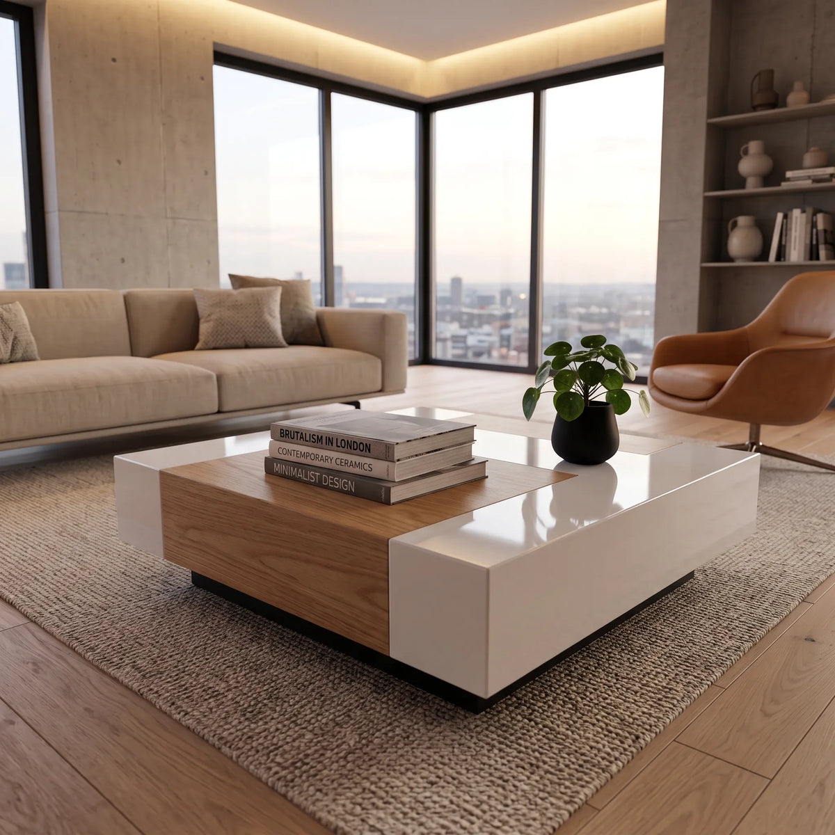 Mesa de Centro Cuadrada Bicolor en Laca Blanca Alto Brillo y Roble Natural - Ambientada | LEMICH Alta Ebanistería Residencial