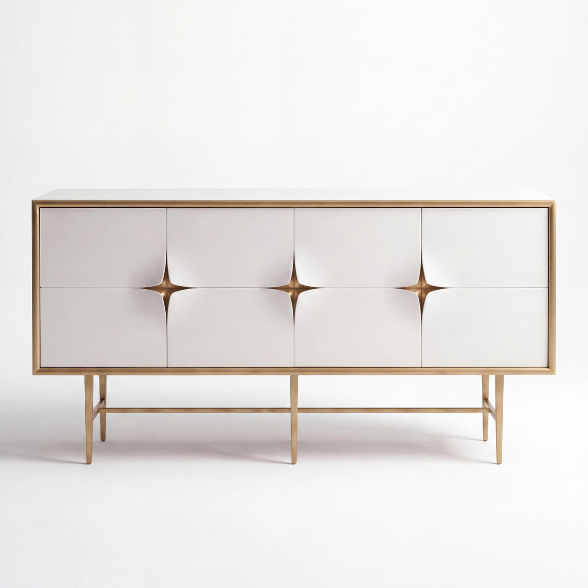Credenza Escultórica en Laca Blanca y Marco de Latón Cepillado - Detalle de Ensamble | LEMICH Alta Ebanistería Residencial