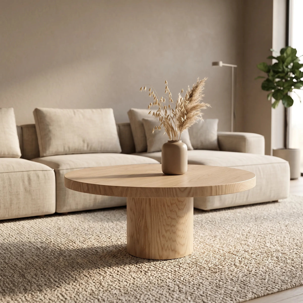 Mesa de Centro Redonda Monolítica en Roble Blanco con Pedestal Central - Ambientada | LEMICH Alta Ebanistería Residencial