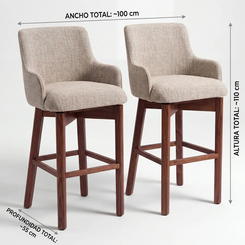Set de 2 Bancos de Barra Tapizados en Lino Avena con Patas de Nogal - Detalle de Ensamble | LEMICH Alta Ebanistería Residencial