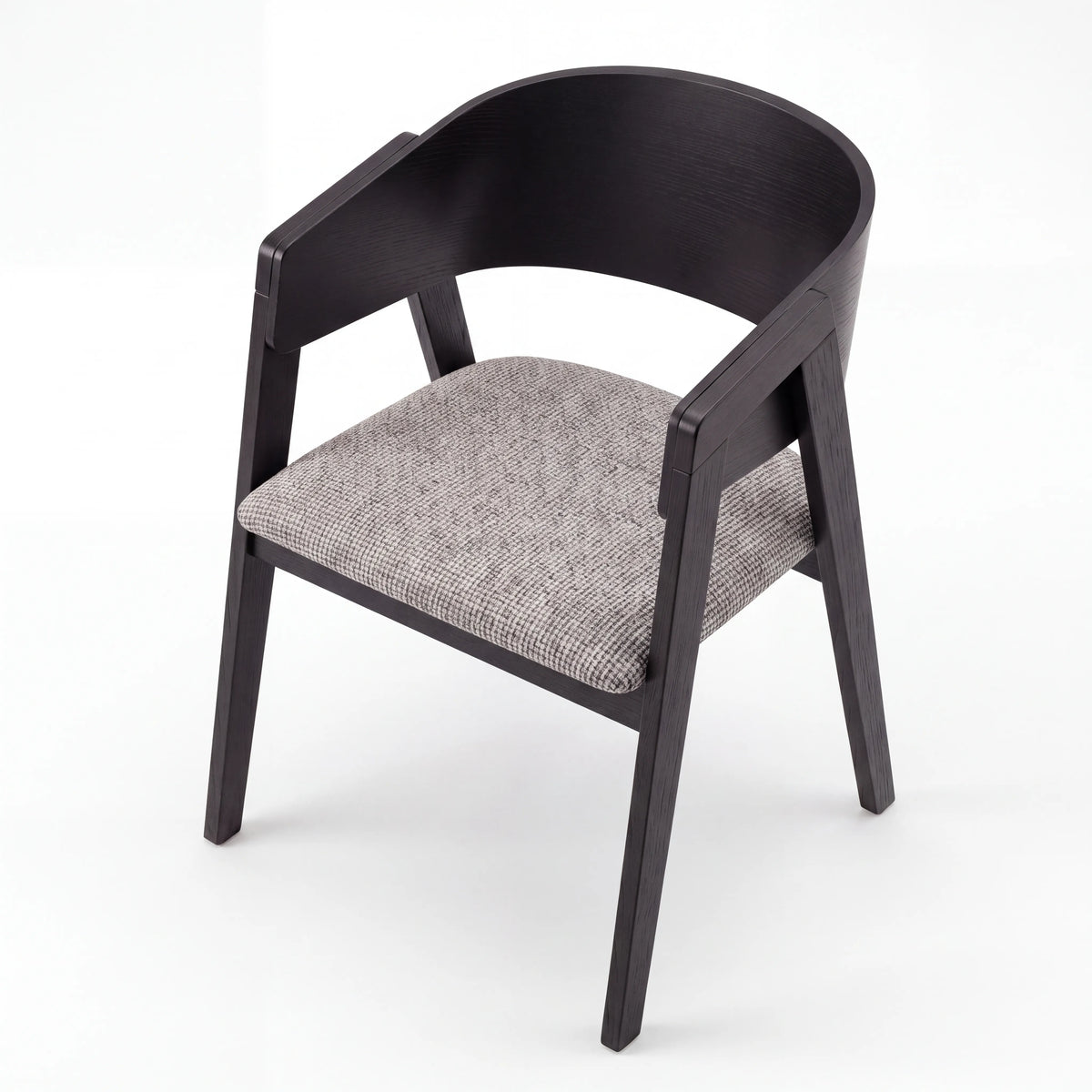 Sillón de Comedor Curvo en Roble Negro Ébano y Tapizado Tweed - Detalle de Ensamble | LEMICH Alta Ebanistería Residencial
