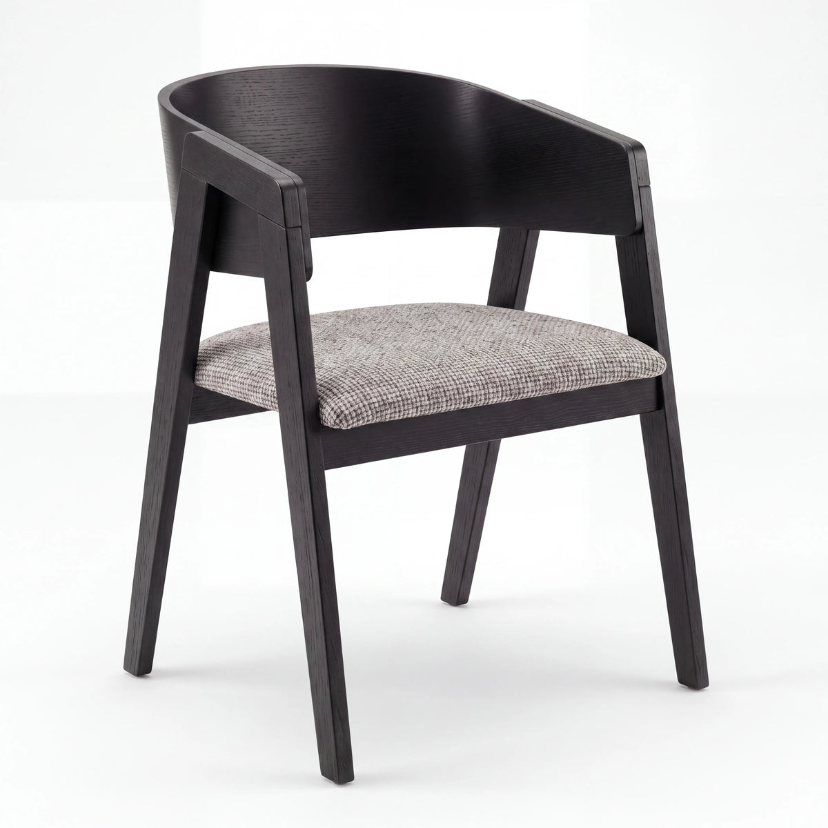 Sillón de Comedor Curvo en Roble Negro Ébano y Tapizado Tweed - Detalle de Ensamble | LEMICH Alta Ebanistería Residencial