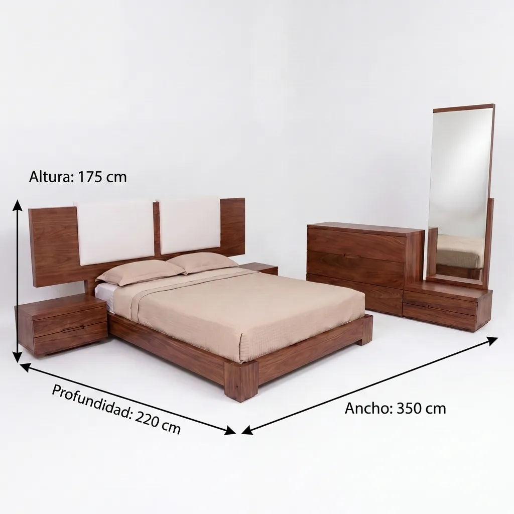 Juego de Cama y Cabecera Tapizada con Burós Integrados en Nogal - Detalle de Ensamble | LEMICH Alta Ebanistería Residencial
