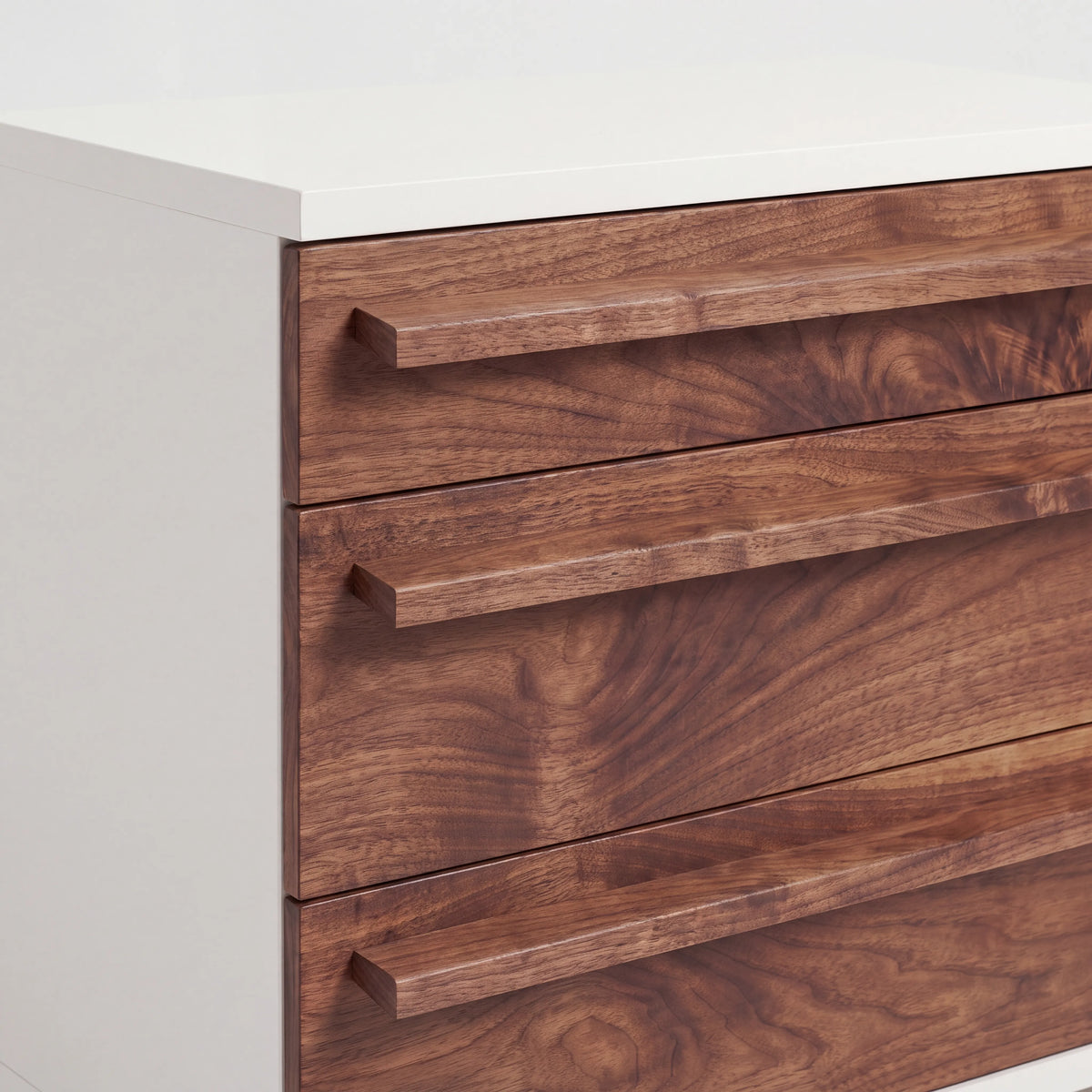 Cómoda Cajonera Contemporánea Bicolor en Nogal y Marco Blanco - Ambientada | LEMICH Alta Ebanistería Residencial